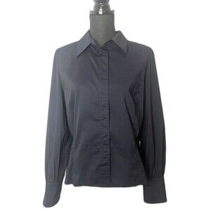 Talbots Collection Stretch Women's Hidden Snap Long Sleeve Top Blouse Navy 14